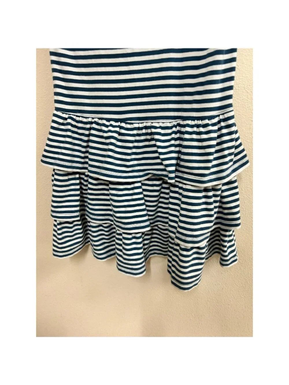 Hanna Andersson Girls Dress Striped Navy Blue Ruffle Hem Pocket Size 12 150cm